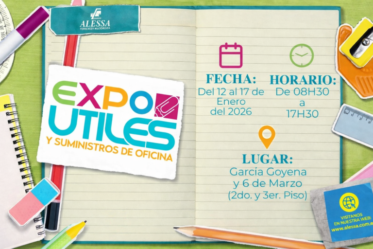 Feria escolar de ALESSA en Guayaquil con exhibición de útiles, mochilas y productos escolares para la temporada 2026.